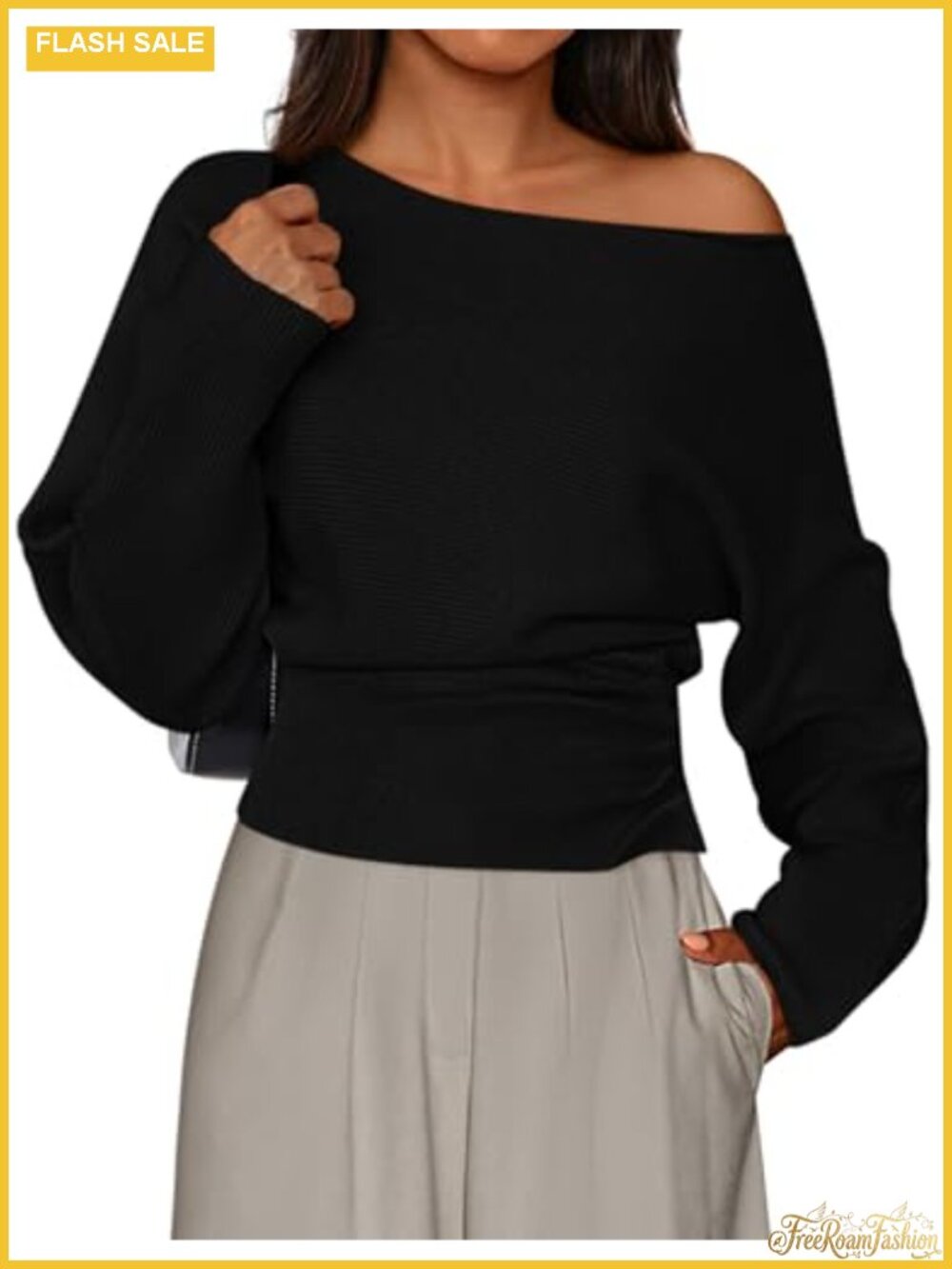 Off Shoulder Ribbed Knit Pullover Sweater Long Sleeve